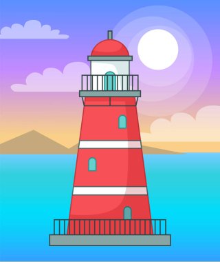Denizdeki ya da okyanustaki deniz feneri, gemiler için navigasyon binası, karikatür kırmızı deniz feneri, fener kulesi