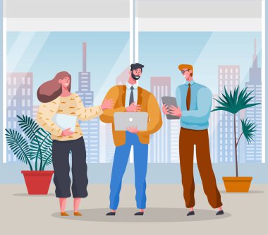 İletişim kuran ofis çalışanları, projeyi tartışan iş adamları, başlangıç standı