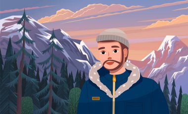 Dağın arka planında ceketli ve şapkalı genç sakallı adam, gezgin vektör fotoğrafı.