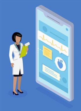 Kardiyologla sohbet, akıllı telefon ekranı, pano doktoru, sanal yardım, tıbbi uygulama.