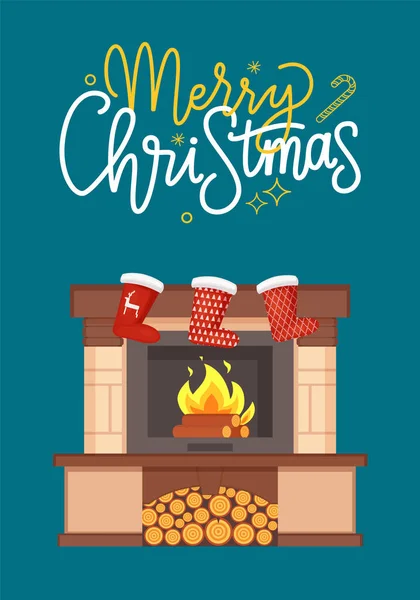 Feliz Navidad Cartas, Chimenea de ladrillo, Calcetines — Vector de stock