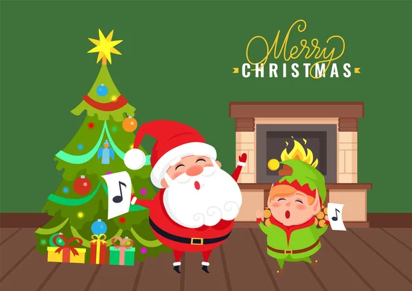 Feliz Navidad cantando con Vector de Santa y Eva — Vector de stock