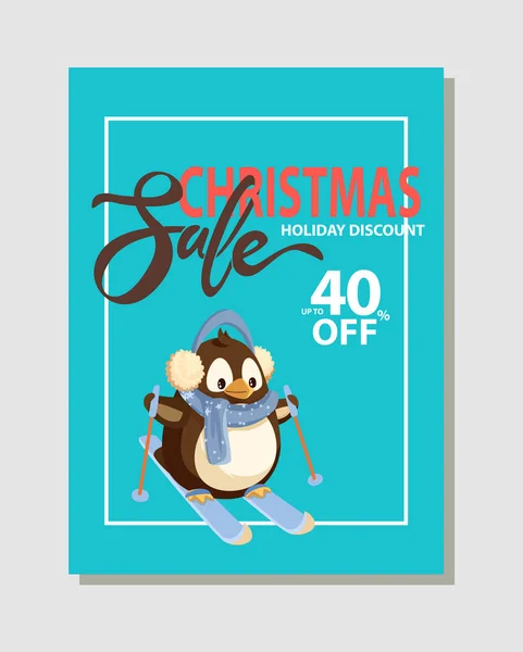 Venta Navidad Póster Pingüino Esquí, Vector Descuento — Vector de stock