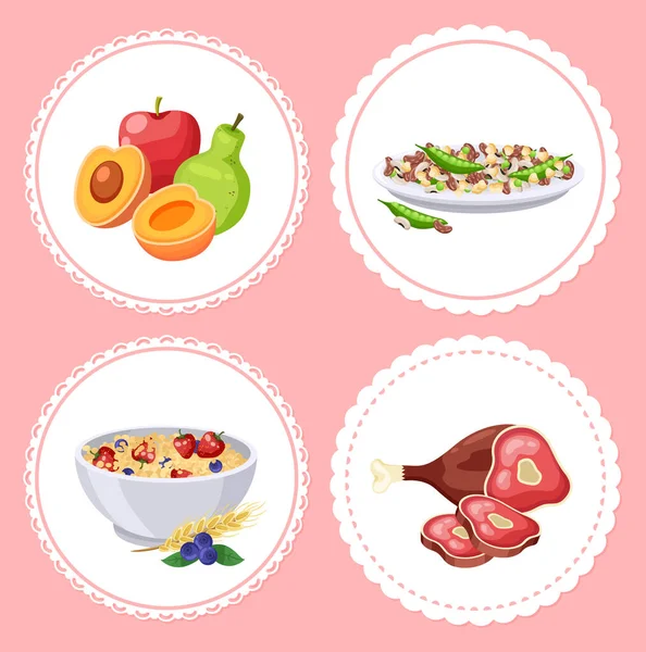 Food collection isolated in circles, fresh fruits, legumes and beans, oatmeal with berries, red meat — Stock Vector