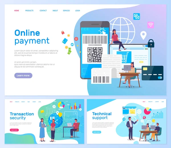 Online betaling, transactiebeveiliging, technische ondersteuning, landingspagina van de website, online bankieren — Stockvector