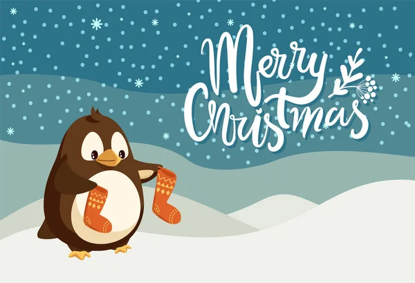 Vrolijk Kerstfeest wenskaart, Penguin Cartoon — Stockvector