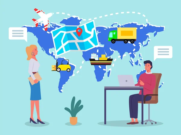 Transporte internacional de negocios, mapa con el icono del mundo y la navegación, hombre hablando con la mujer — Vector de stock