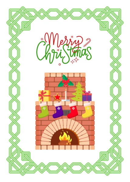 Feliz Navidad Chimenea decorada con regalos — Vector de stock