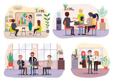 Ofis çalışanları. İş arkadaşları. Meslektaşlar proje takım çalışmasını tartışırlar. Ofis çalışanları iş ve iletişim