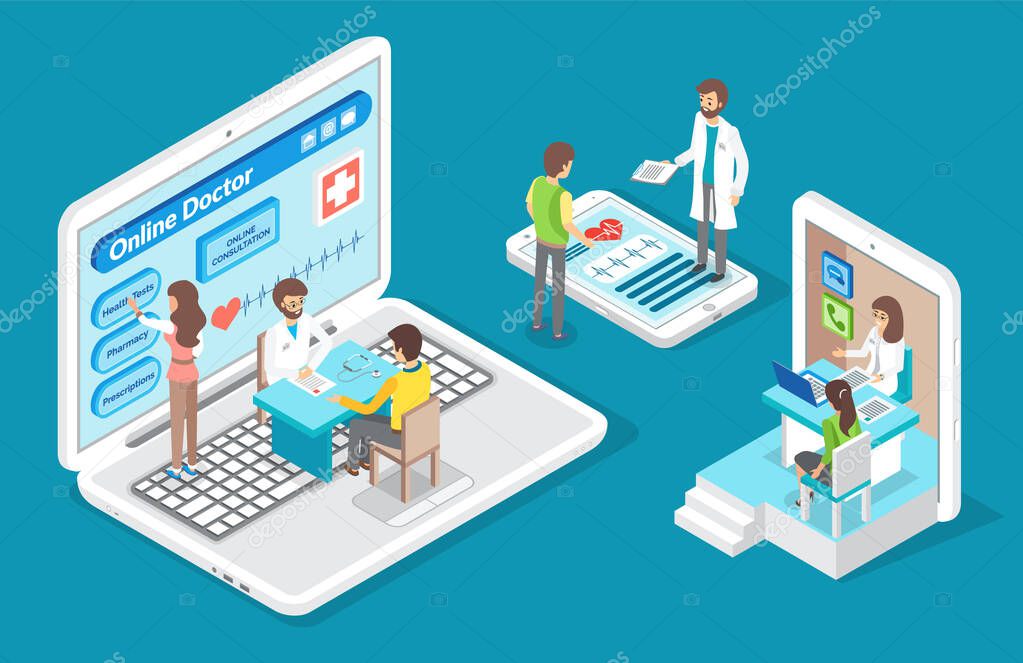 Isometric 3d illustration of laptop, smartphone, tablet, online consultation with doctor, cardiolog