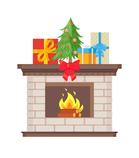 Chimenea de Navidad Decorado, Abeto con Bolas — Vector de stock