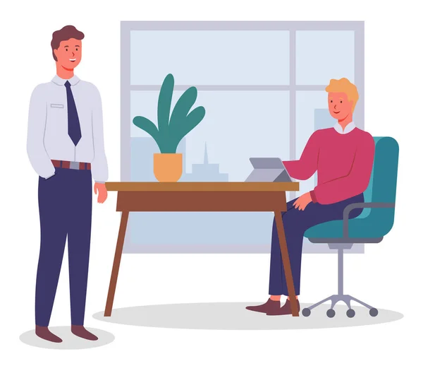 Büroangestellte Kollegen kommunizieren, Führungskraft im Büroanzug unterhält sich mit Mann am Tisch — Stockvektor