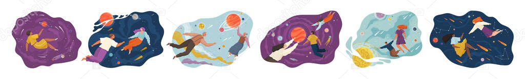 Inspired People flying in space. Collection of man and woman floating during exploration