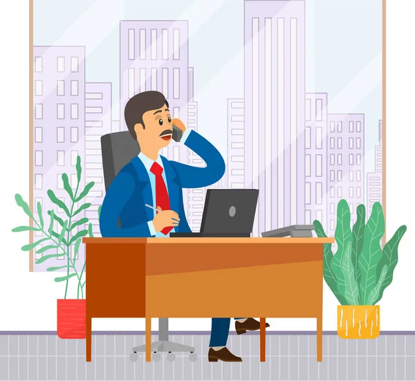 Chefe falando ao telefone, homem de negócios resolvendo problemas de trabalho usando móvel sentado no escritório, homem trabalhando — Vetor de Stock