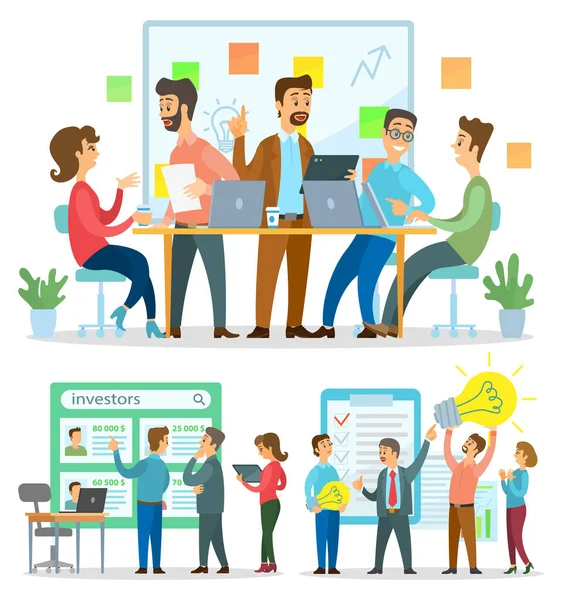 Business meeting, colleagues discussing new idea, communicating partners, searching investors — Stock Vector