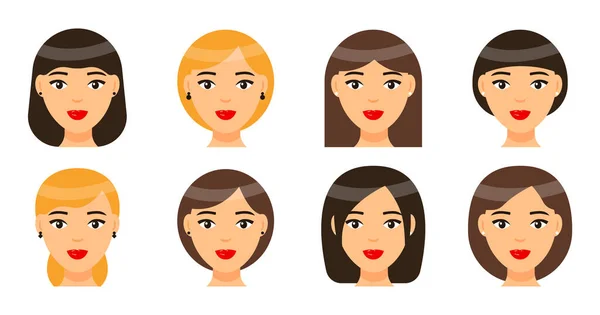 Ställ kvinnor med olika typer av frisyrer eller frisyrer, avatarer av vackra damer med röda läppar — Stock vektor