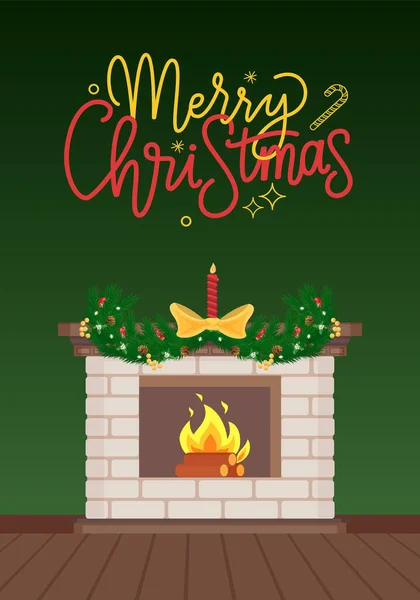 Tarjeta Feliz Navidad con Chimenea de ladrillo de lujo — Vector de stock
