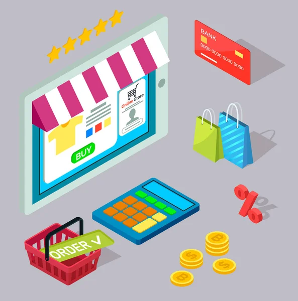Att spendera pengar i e-butik, korg, miniräknare, rabatt, digitala pengar, paket, kreditkort — Stock vektor