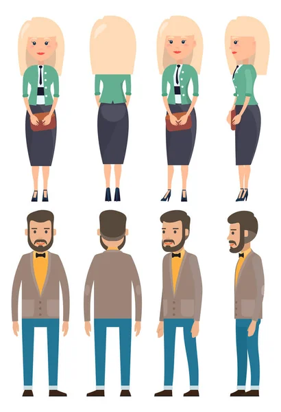 Conjunto de mujer de negocios y hombre de negocios con estilo, vista desde el frente, los lados traseros, dresscode oficina — Vector de stock