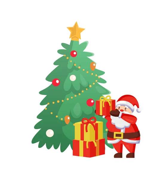 サンタクロースとメリークリスマスお祝いの木 — ストックベクタ