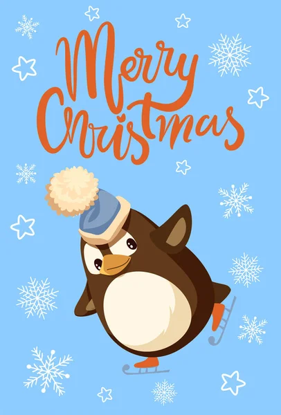 Vrolijk Kerstfeest Pinguïn Draagt pluizige Hoed Poster — Stockvector