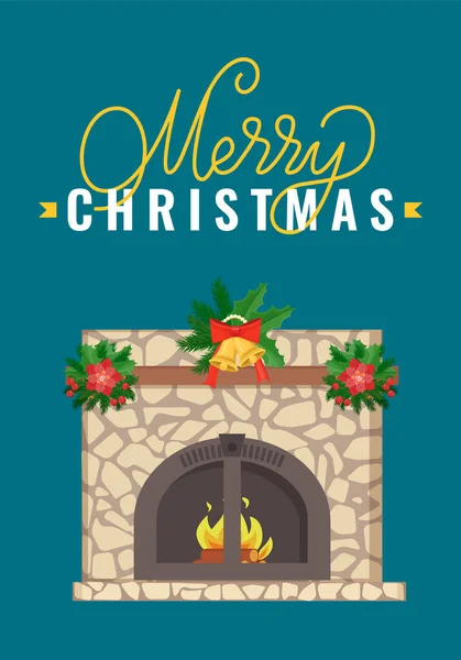 Feliz Navidad Cartas, Chimenea de piedra apilada — Vector de stock