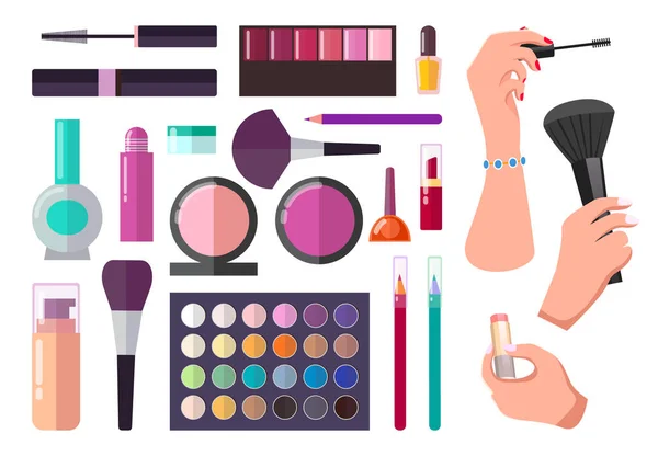 Nagellak, blush, poeder, oogschaduw palet, kleurrijke oogpotloden, foundation, lipgloss, crème — Stockvector