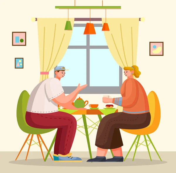 Folk äter lunch eller middag sittandes vid bordet hemma eller på caféet, killtjejen pratar, vännerna träffas — Stock vektor