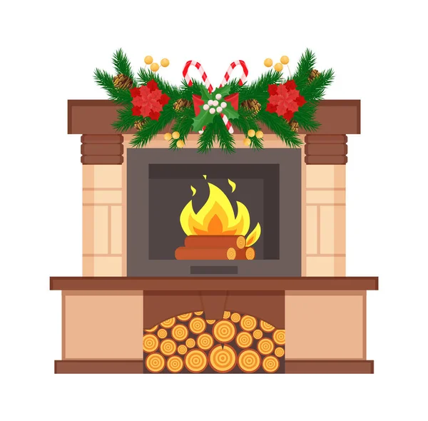 Chimenea con registro de combustión decorado con ramas — Vector de stock