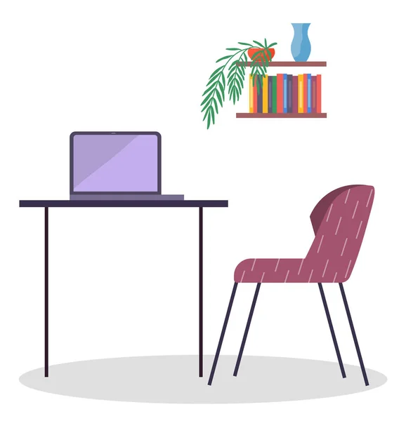 Milieu de travail avec ordinateur portable sans fil moderne et chaise confortable, table de bureau avec ordinateur, bibliothèque — Image vectorielle