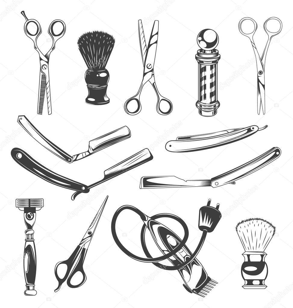 Set of barbershop tools, instruments, symbols. Different scissors for cutting hair, shaving brush, barber s pole, sharp razor blades for beard, shaver, electric razor. Barber professional equipment