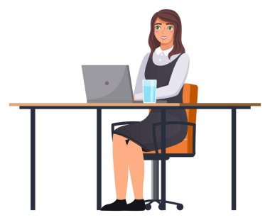 Ofisteki işyerinde. Çalışma alanı, masa, rahat koltuk ve bilgisayar olan dolap