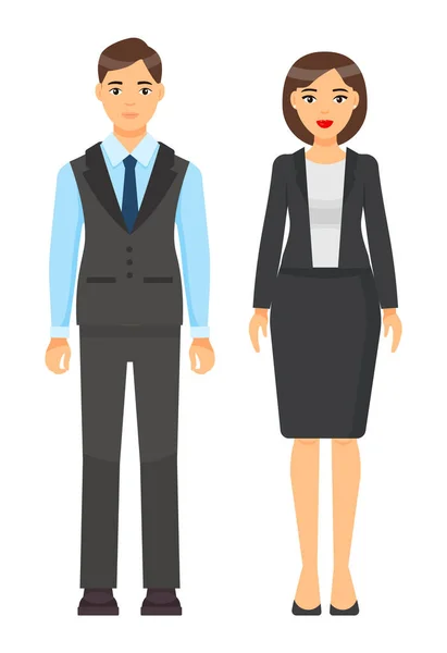 Dresscode de hombres y mujeres de negocios, de cabello castaño, con trajes o disfraces de oficina, trabajadores — Vector de stock