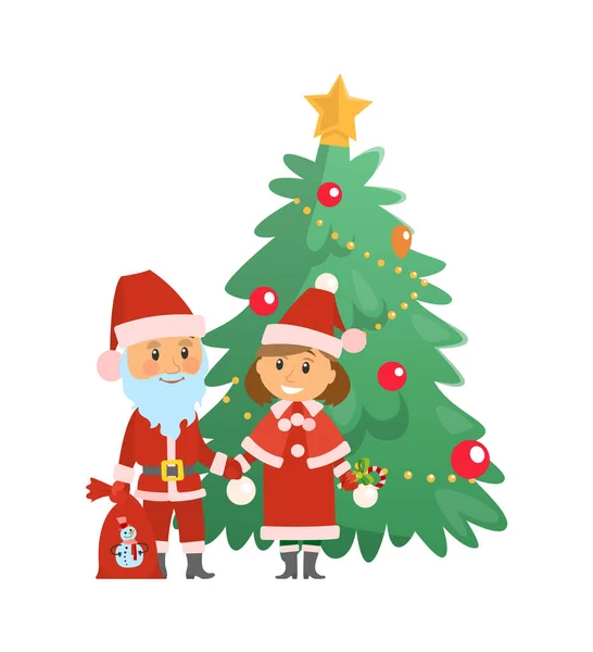 Vacaciones de Navidad acercándose, Santa Claus por árbol — Archivo Imágenes Vectoriales