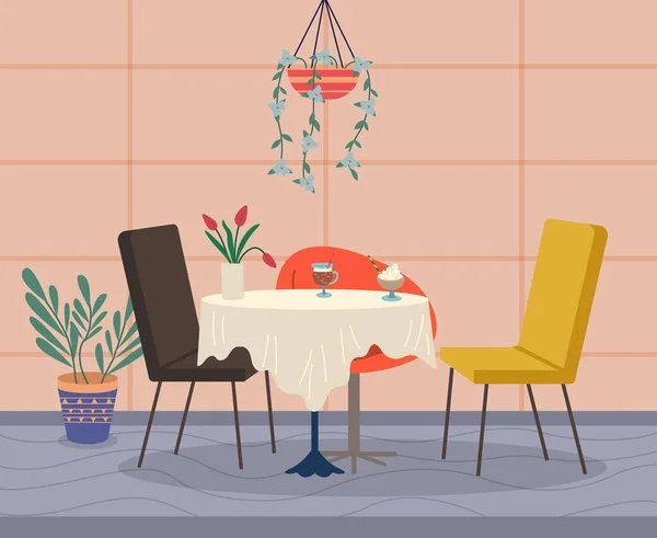 Intérieur du restaurant, vase avec tulipes, verre avec cocktail, glace à table, chaises vides — Image vectorielle