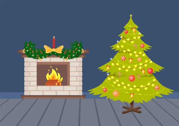 Vlak versierde kerstboom en open haard Vector — Stockvector