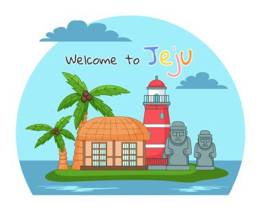 Güney Kore 'deki Jeju adasına hoş geldiniz. Poster ya da afiş, geleneksel simgeler, popüler bir yer.