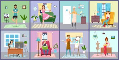 Evde boş zaman, insanlar, kızlar, ev aktiviteleri yapan erkekler, düz çizimler koleksiyonu.