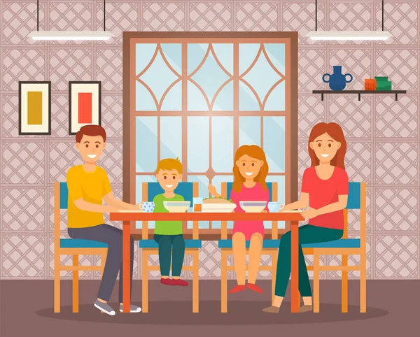 Familie besteden vrije tijd in cafe, eten, tijd om te ontbijten of diner, mensen genieten van rust — Stockvector