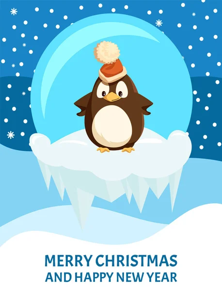Pingwin na krze lodowej w Santa Hat, kartka świąteczna — Wektor stockowy