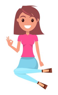 Pembe tişört ve kot giyen genç kahverengi saçlı kadın yere oturur, gülümseyen kız gösterisi tabelası