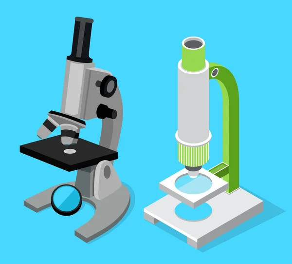 Zestaw dwóch nowoczesnych mikroskopów, medyczny sprzęt naukowy do badań, izolowane ikony izometryczne — Wektor stockowy