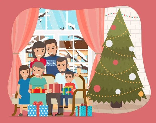 Família feliz com uma árvore de Natal e presentes. Pais e crianças celebrando feriado de ano novo —  Vetores de Stock