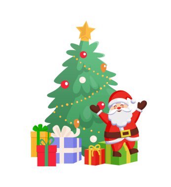 Noel Baba, firavun ağacı vektörünün yanındaki hediye kutusunda oturuyor.