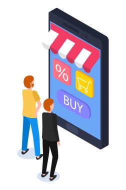 Isometric 3D akıllı telefon, insanlar internetten uygulama ile alışveriş yapıyor, internetten ürün alıyorlar.