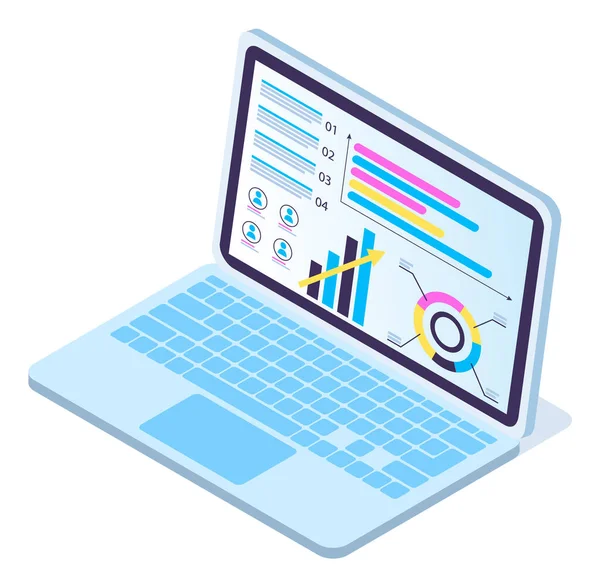 3d izometryczny laptop z analizą danych, zwiększenie grafiki, schemat, wykres, prezentacja finansowa — Wektor stockowy