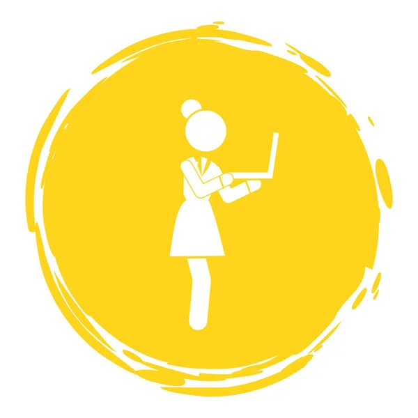 Деловая женщина с ноутбуком в руках, глядя на экран, желтый логотип круга, марка концепции, силуэт — стоковый вектор