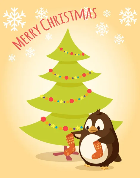 Feliz Navidad postal pingüino personaje de dibujos animados — Vector de stock