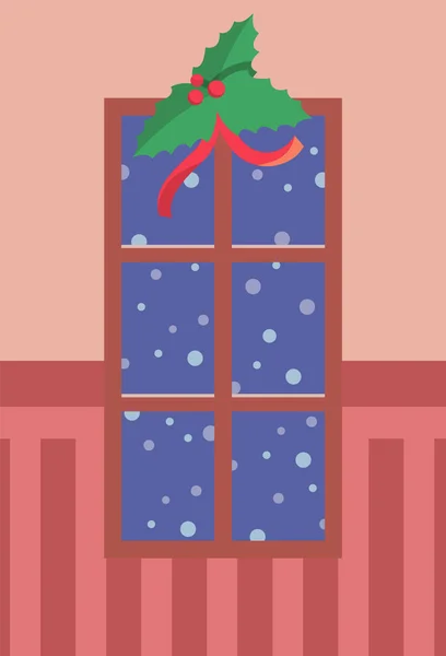 Ventana decorada de Navidad con muérdago, pared vectorial — Vector de stock