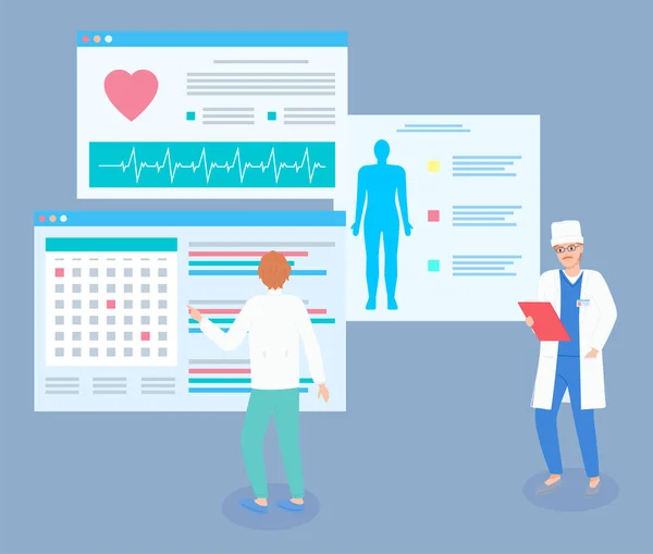 Θεραπευτής που εξετάζει την ιατρική ιστοσελίδα με ημερολόγιο, ημερομηνία σχεδιασμού της επίσκεψης των ασθενών, γιατροί — Διανυσματικό Αρχείο
